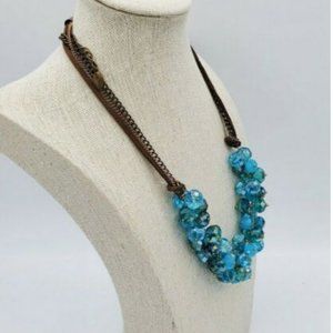 Ali Kahn Necklace Blue Crystal Cluster Brown Leather Rope Gold 3 Strand 19"